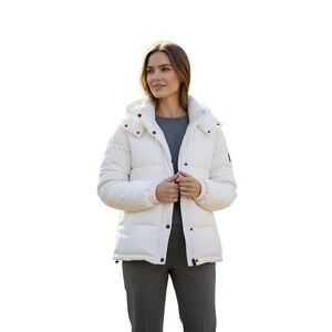 GAP White Quilted Puffer Jacket Fleece Lined Collar Full Zip Women's Size M Warm